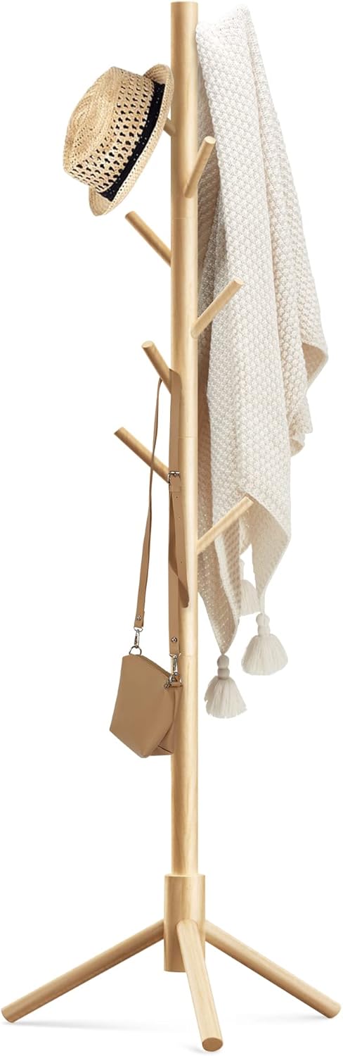 Wooden Coat Rack Stand with 8 Hooks Pine 3 Adjustable Coat Standing Tree