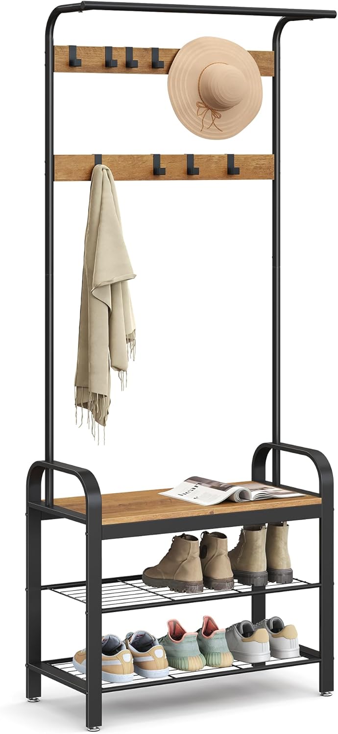 Coat Rack Hall Tree with Shoe Bench for Entryway, Entryway Bench with Coat Rack 4-in-1a