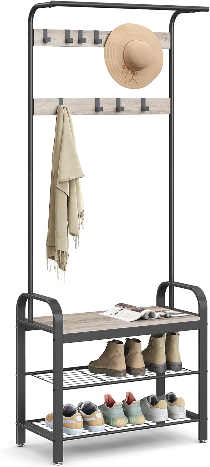 Coat Rack Hall Tree with Shoe Bench for Entryway, Entryway Bench with Coat Rack 4-in-1a
