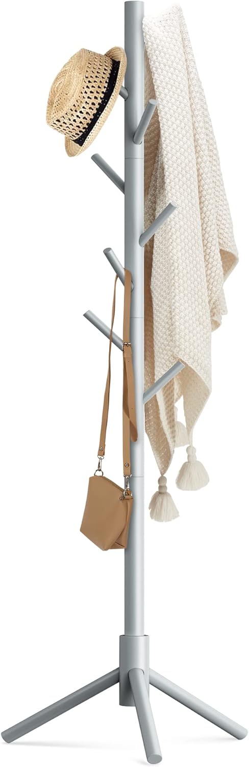 Wooden Coat Rack Stand with 8 Hooks Pine 3 Adjustable Coat Standing Tree