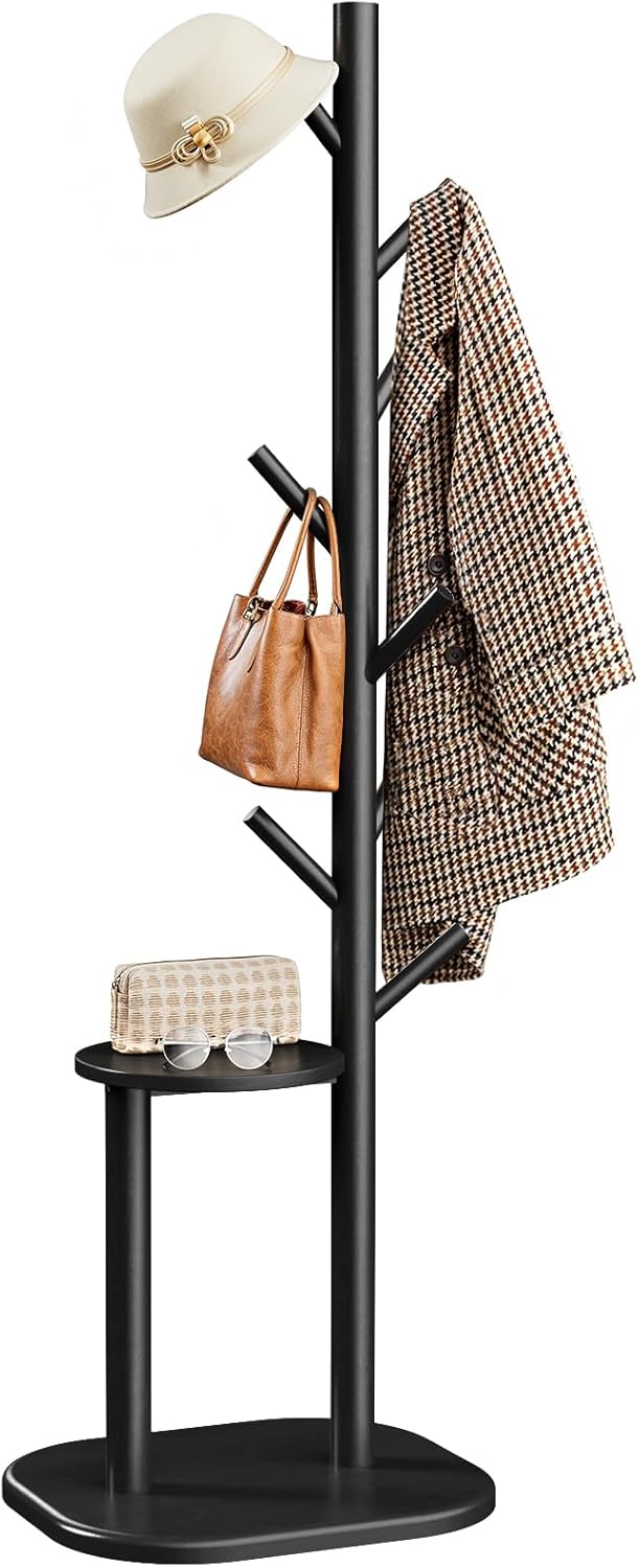 Coat Rack, Freestanding Hall Tree with 8 Hooks & Storage Shelf