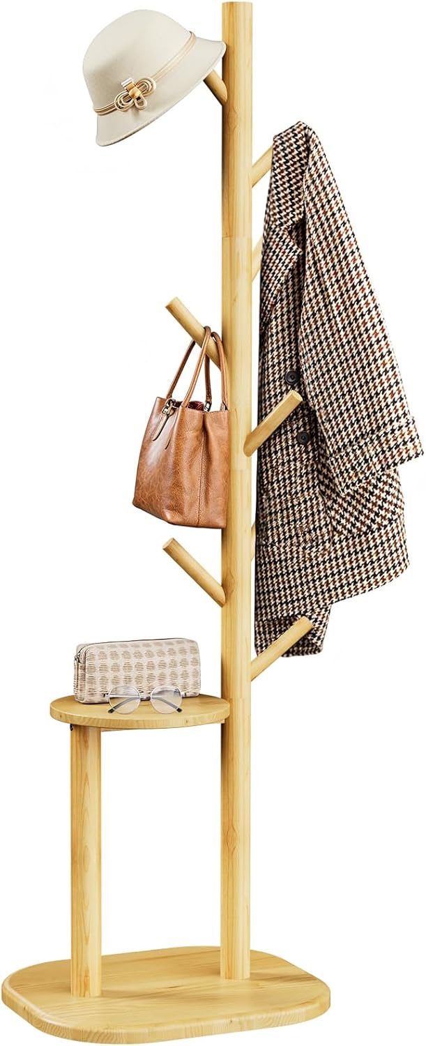 Coat Rack, Freestanding Hall Tree with 8 Hooks & Storage Shelf
