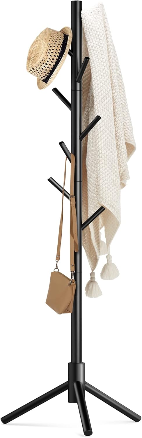Wooden Coat Rack Stand with 8 Hooks Pine 3 Adjustable Coat Standing Tree