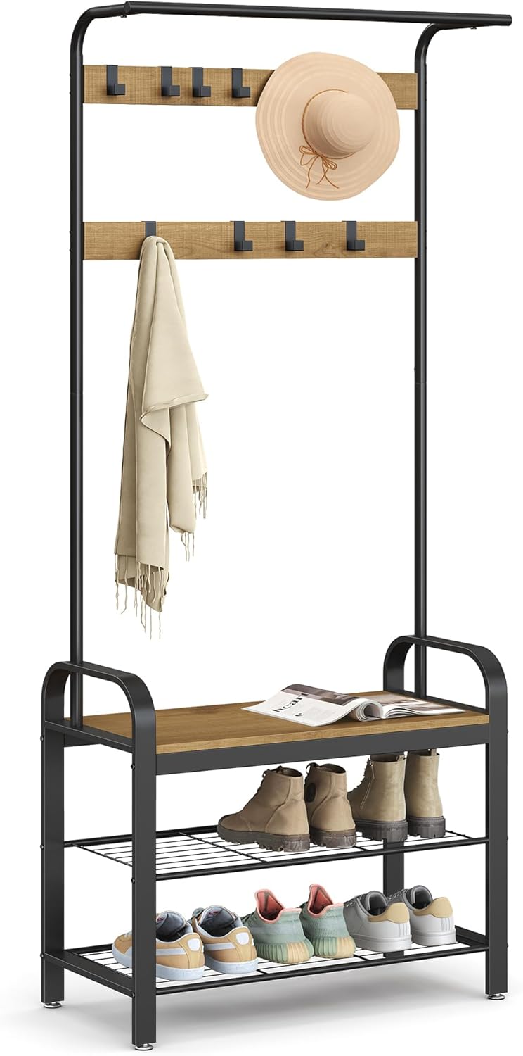Coat Rack Hall Tree with Shoe Bench for Entryway, Entryway Bench with Coat Rack 4-in-1a