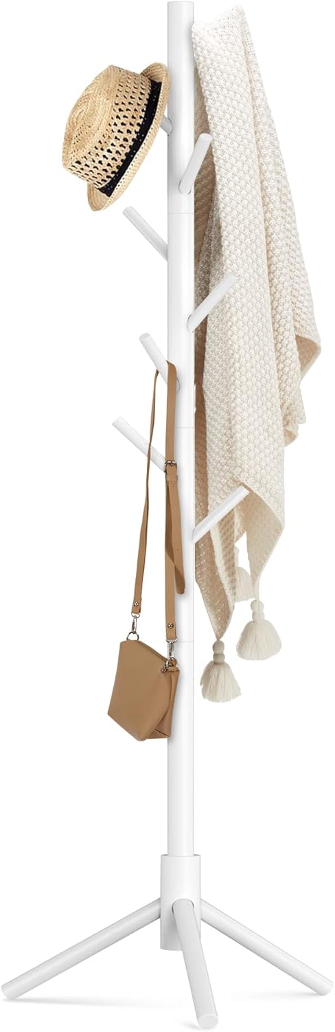 Wooden Coat Rack Stand with 8 Hooks Pine 3 Adjustable Coat Standing Tree