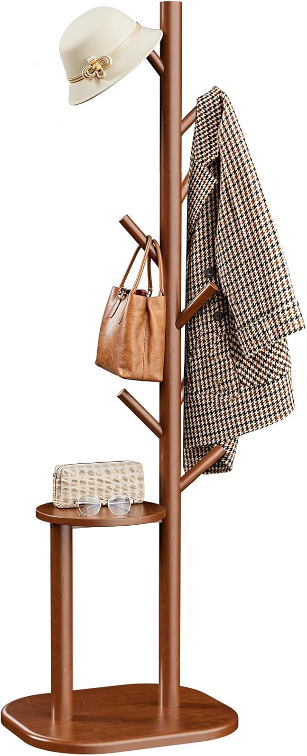 Coat Rack, Freestanding Hall Tree with 8 Hooks & Storage Shelf
