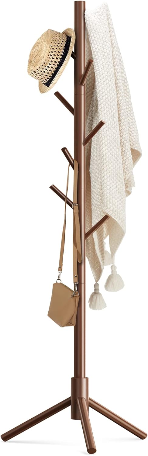 Wooden Coat Rack Stand with 8 Hooks Pine 3 Adjustable Coat Standing Tree