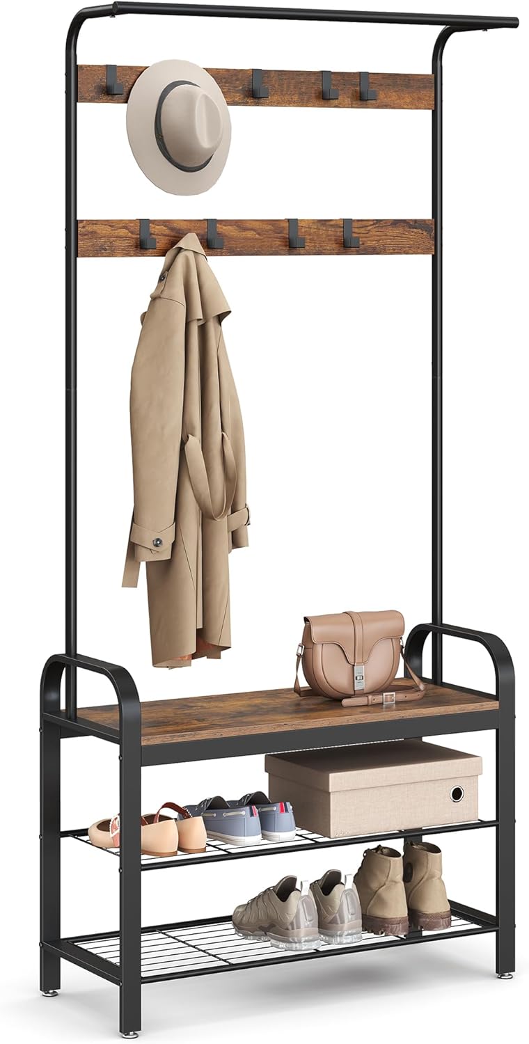 Coat Rack Hall Tree with Shoe Bench for Entryway, Entryway Bench with Coat Rack 4-in-1a