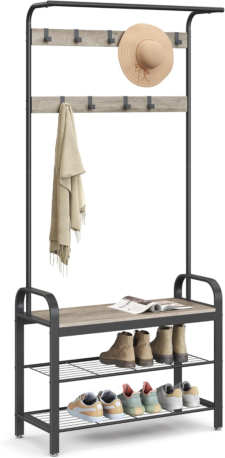 Coat Rack Hall Tree with Shoe Bench for Entryway, Entryway Bench with Coat Rack 4-in-1a