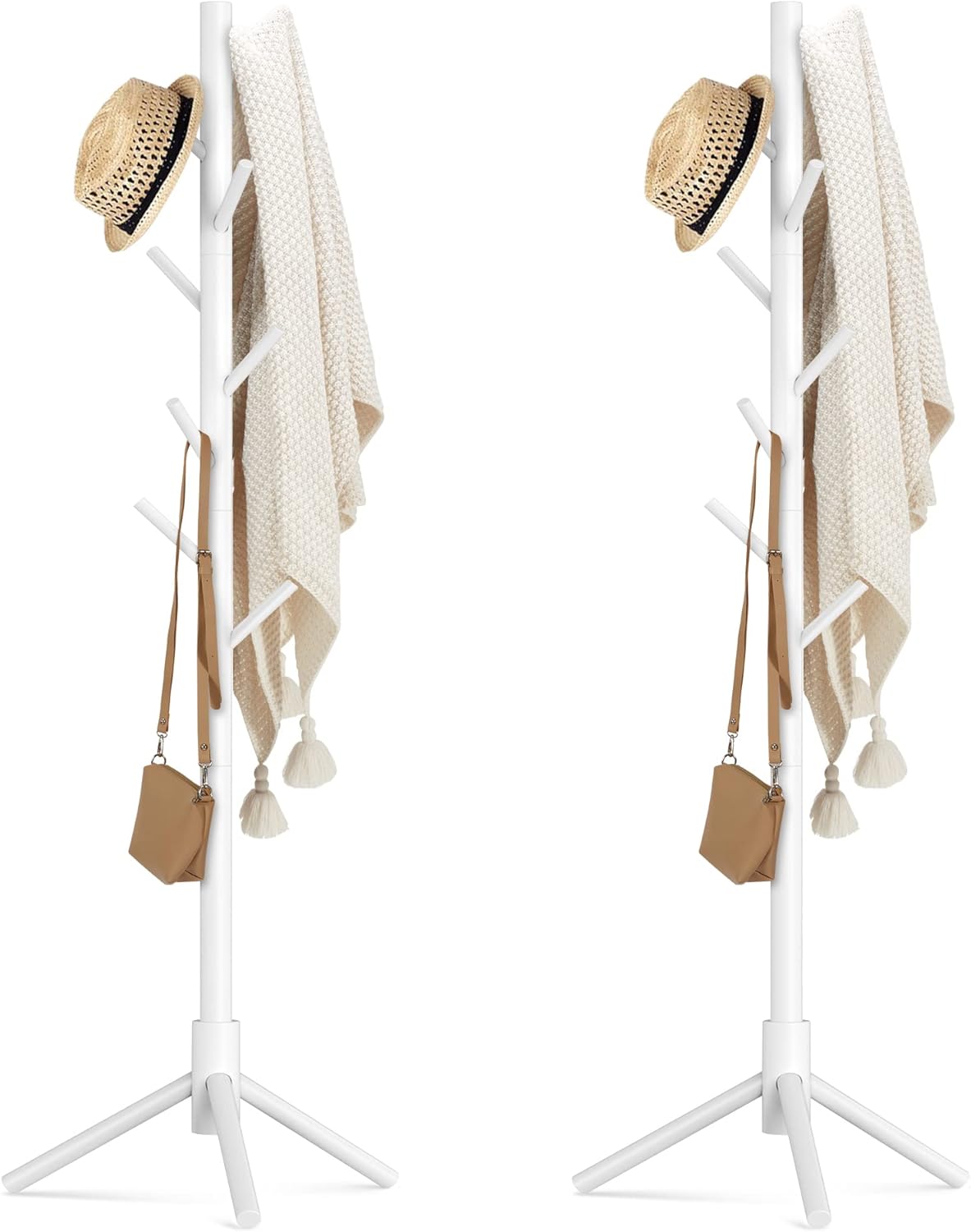 Wooden Coat Rack Stand with 8 Hooks Pine 3 Adjustable Coat Standing Tree