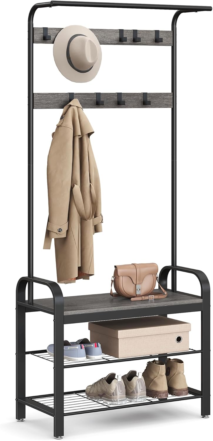 Coat Rack Hall Tree with Shoe Bench for Entryway, Entryway Bench with Coat Rack 4-in-1a