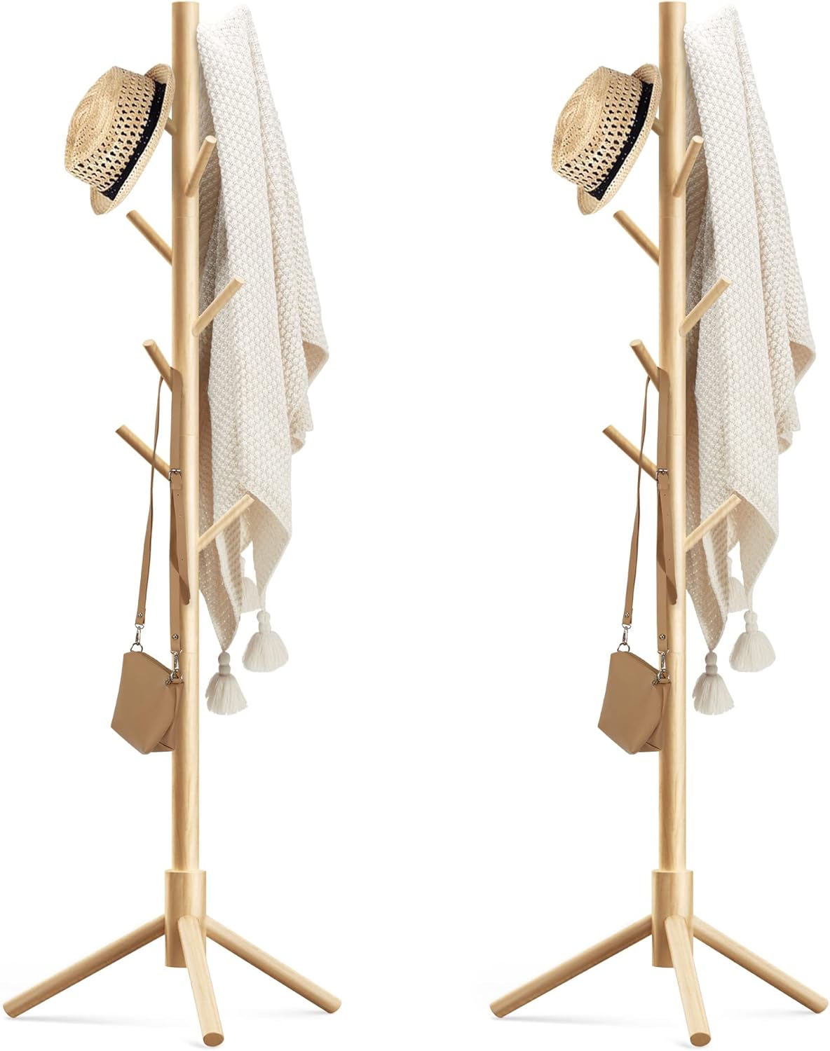 Wooden Coat Rack Stand with 8 Hooks Pine 3 Adjustable Coat Standing Tree
