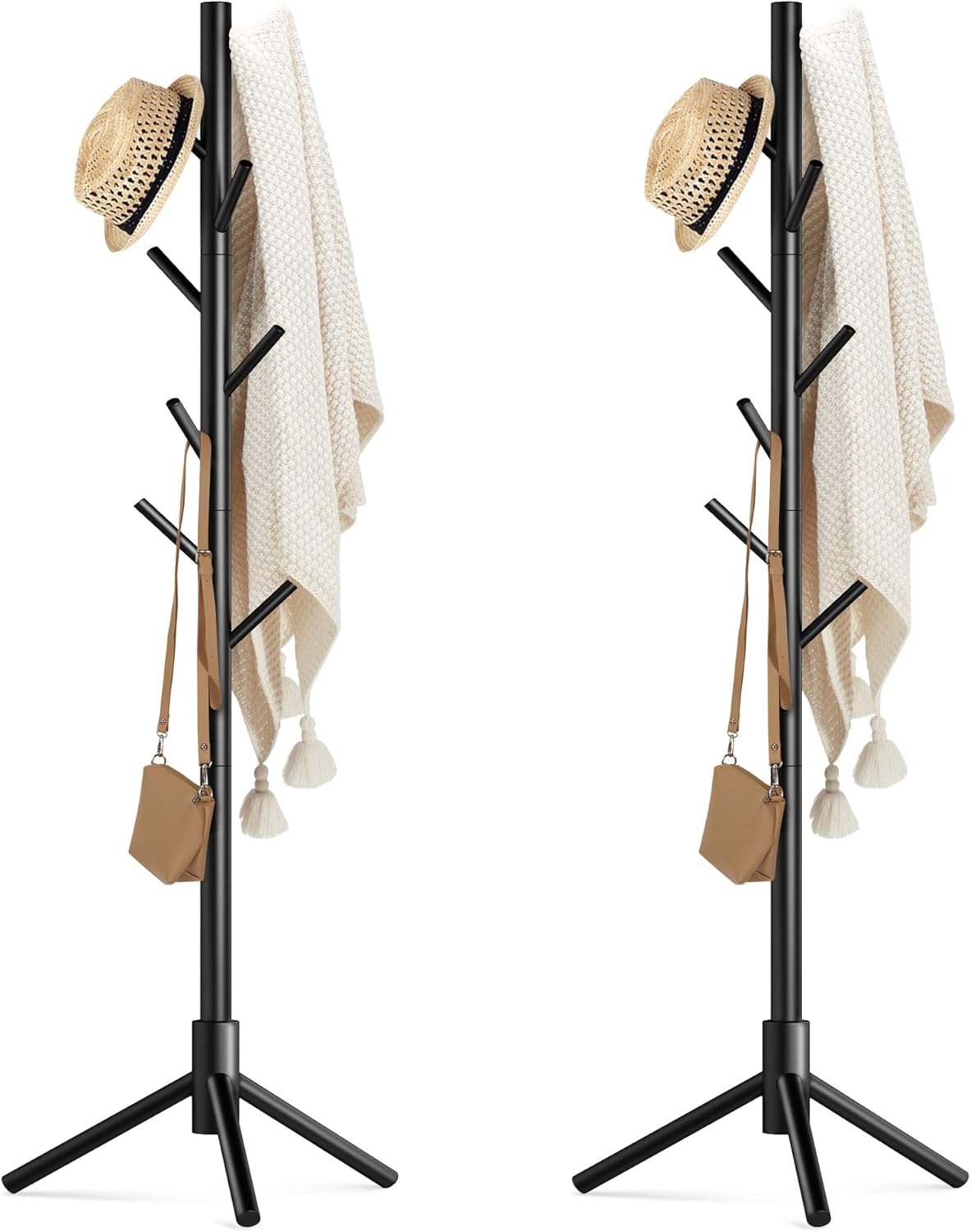 Wooden Coat Rack Stand with 8 Hooks Pine 3 Adjustable Coat Standing Tree