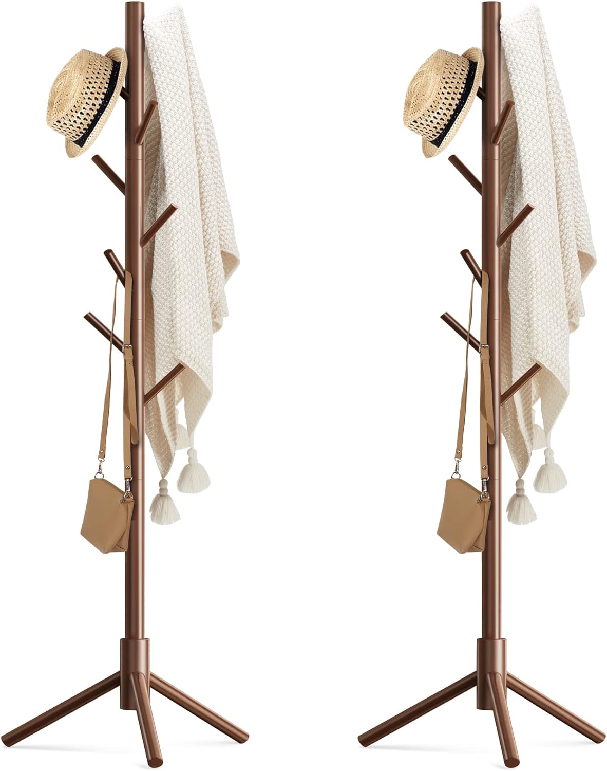 Wooden Coat Rack Stand with 8 Hooks Pine 3 Adjustable Coat Standing Tree