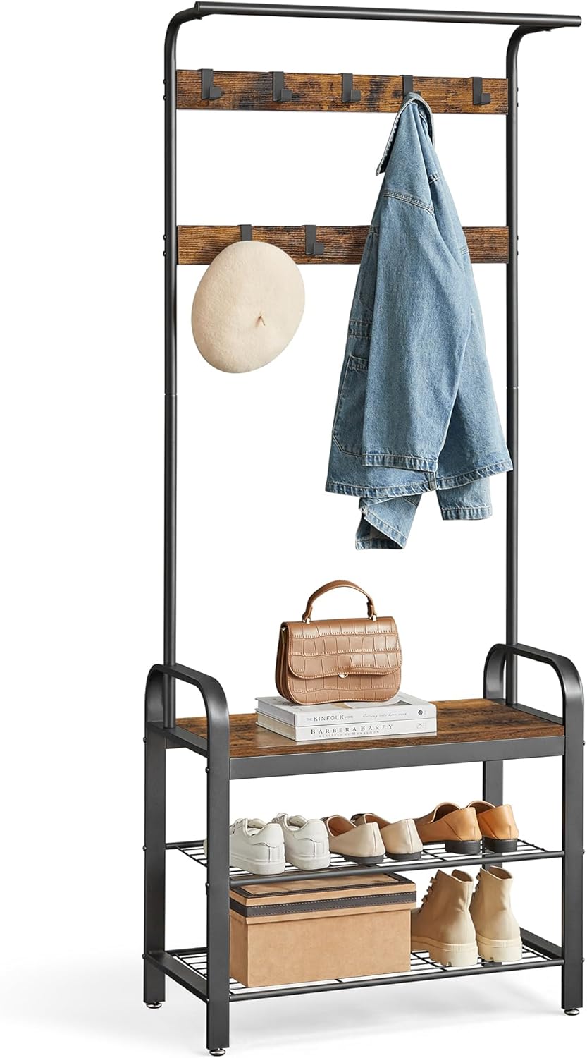 Coat Rack Hall Tree with Shoe Bench for Entryway, Entryway Bench with Coat Rack 4-in-1a