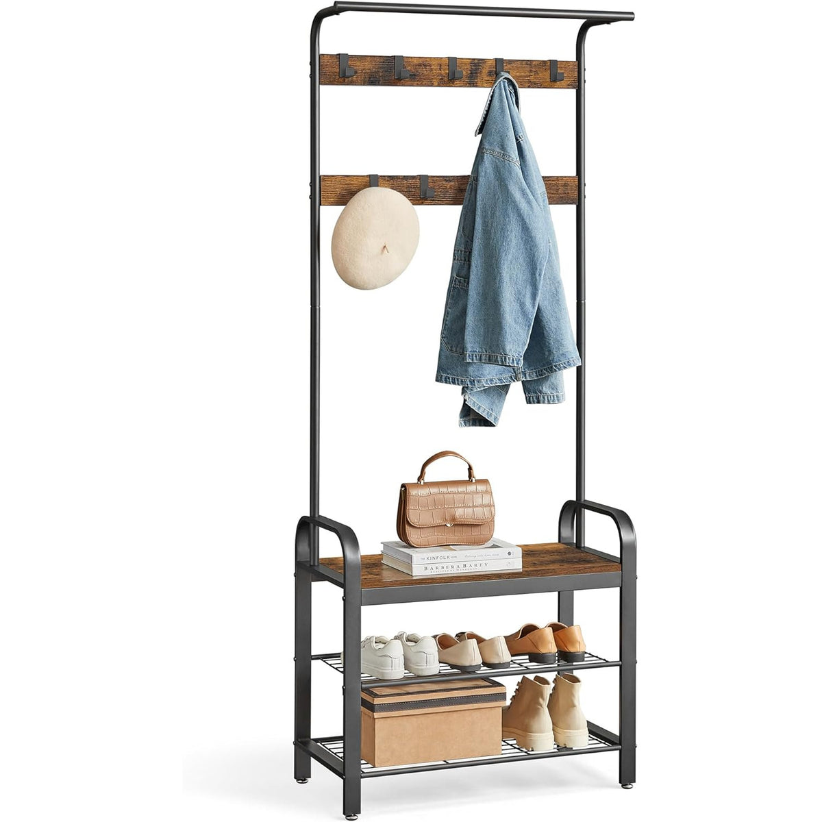 Coat Rack Hall Tree with Shoe Bench for Entryway, Entryway Bench with Coat Rack 4-in-1a